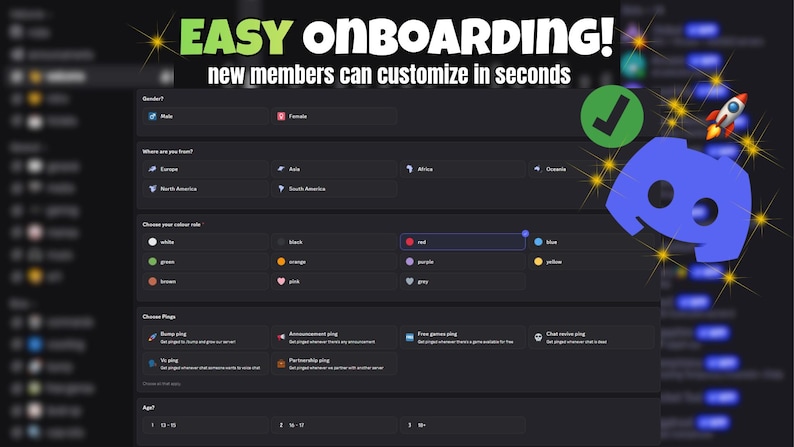 May include: A dark interface with the text "EASY ONBOARDING!" and "new members can customize in seconds". The interface includes options for gender, location, color roles, and pings. A blue Discord logo is visible.