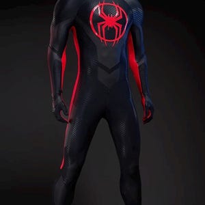 May include: A full-body black and red superhero bodysuit featuring a textured fabric pattern, a prominent red spider emblem on the chest, and a matching full-head mask with large white eye lenses. The suit includes red side panels along the arms.