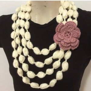 Gray Bubble Scarf With Rose Flower, Gray Scarf Necklace With Rose Flower image 9