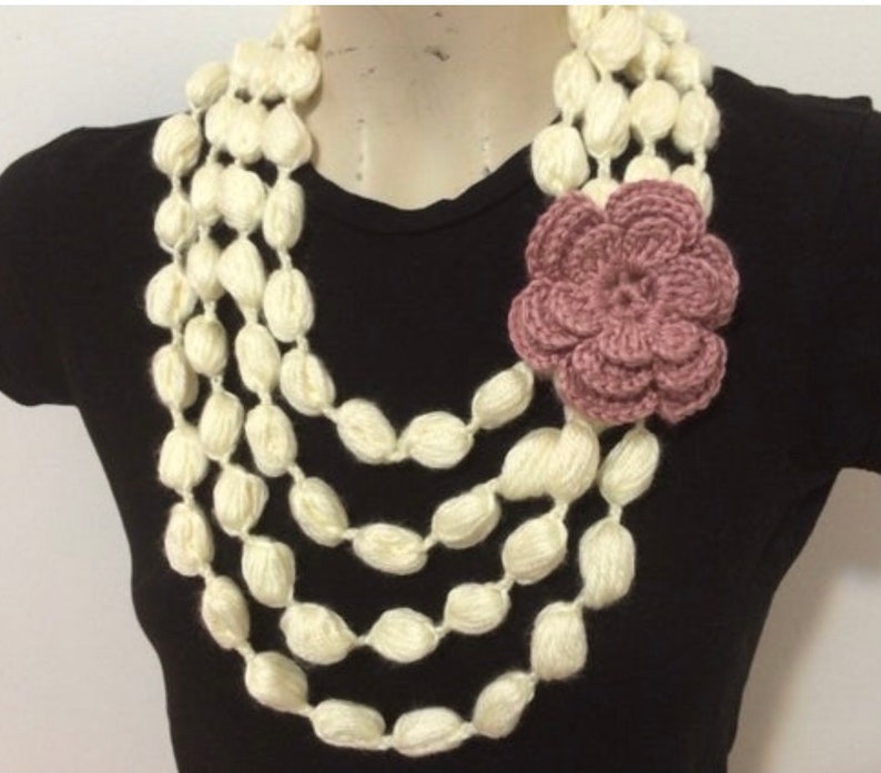 Gray Bubble Scarf With Rose Flower, Gray Scarf Necklace With Rose Flower image 9