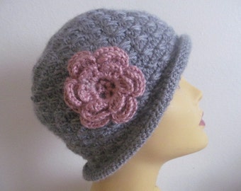 Gray Winter Women Hat With Rose Flower, Usa Seller