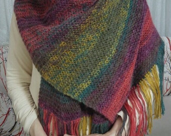 Colorful Shawl, Wrap, Knit Winter Colorful Shawl