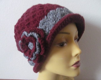Burgundy Gray Cloche Hat With Flower, Usa Seller