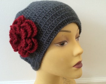 Chemo Beanie Hat Cap -Charcoal Woman Hat With Flower