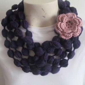 Gray Bubble Scarf With Rose Flower, Gray Scarf Necklace With Rose Flower image 8