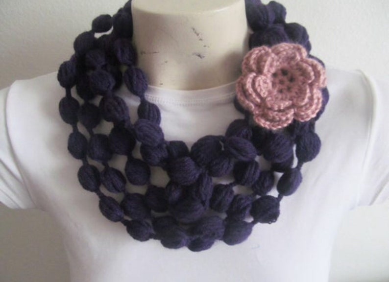 Gray Bubble Scarf With Rose Flower, Gray Scarf Necklace With Rose Flower image 8