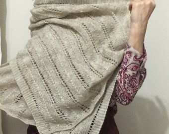 Knit Beige Melange Shawl, Knit Lace Shawl, Usa Seller