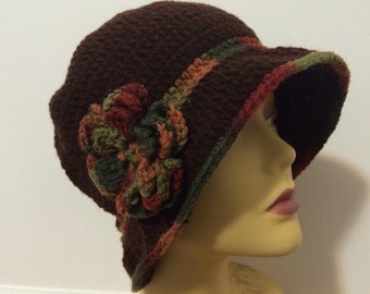 Brown Cloche Hat Set in Brown with a Fall Brim and Fall flower "USA Seller"