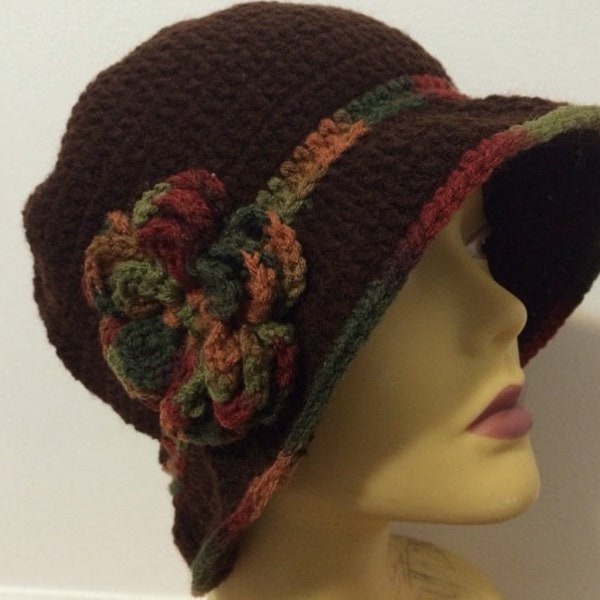 Brown Cloche Hat Set in Brown with a Fall Brim and Fall flower "USA Seller"