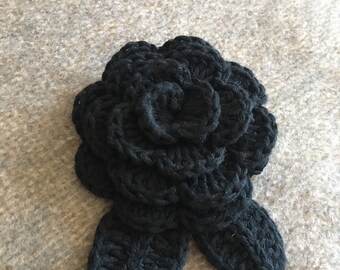 Black Rose Brooch, Crocheted Cotton Flower Brooch, Usa Seller