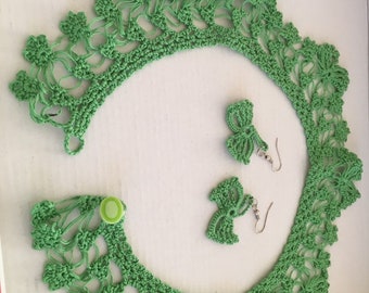 Green Lace Collar Necklace, Crochet Jewelry Set, Earrings Necklace Set, Usa Seller