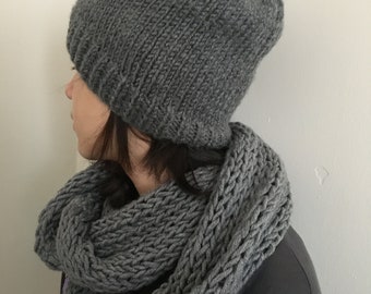 Woman Hat Scarf Set, Gray Beanie Hat Infinity Scarf, Usa Seller