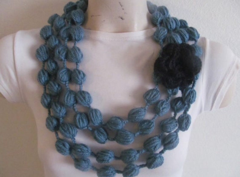 Gray Bubble Scarf With Rose Flower, Gray Scarf Necklace With Rose Flower image 4