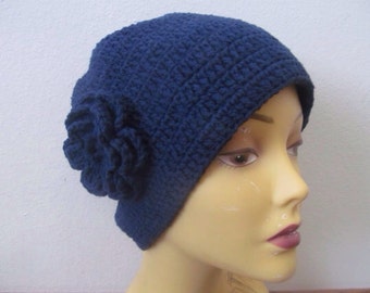 Cotton Woman Beanie, Crocheted Navy Beanie Hat