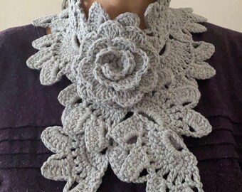 Crocheted Collar Scarf Necklace With Rose, Button Collar Neck Scarf, Usa Seller