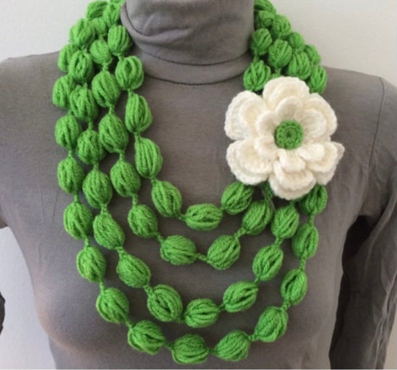 Gray Bubble Scarf With Rose Flower, Gray Scarf Necklace With Rose Flower image 10