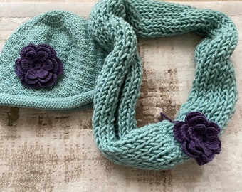 Woman Hat Scarf Set, Winter Woman Infinity Scarf and hat Set with Flower, Usa Seller
