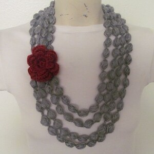 Gray Bubble Scarf With Rose Flower, Gray Scarf Necklace With Rose Flower image 2