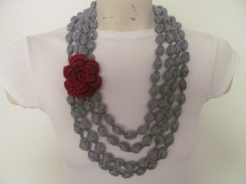 Gray Bubble Scarf With Rose Flower, Gray Scarf Necklace With Rose Flower image 2