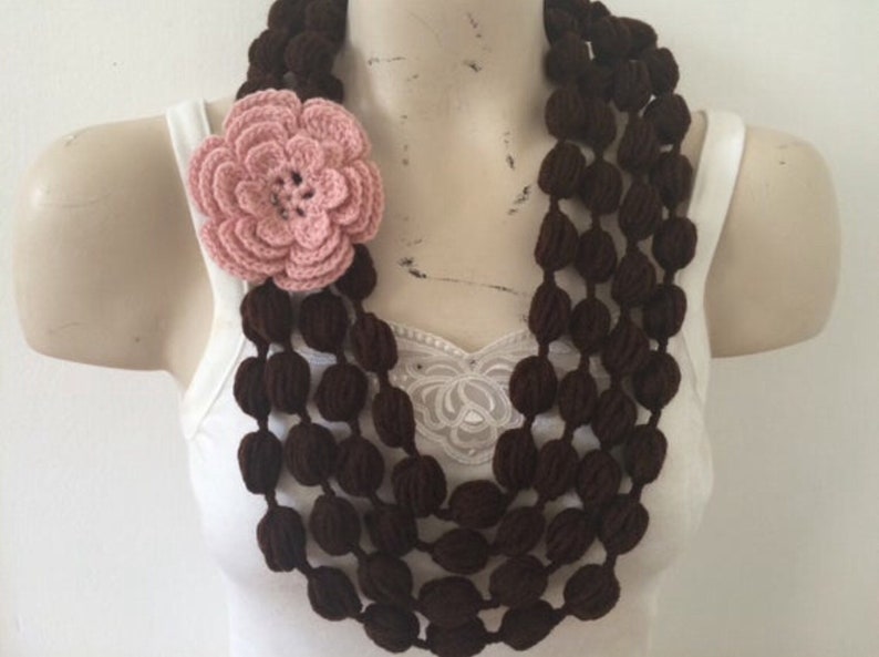 Gray Bubble Scarf With Rose Flower, Gray Scarf Necklace With Rose Flower image 3