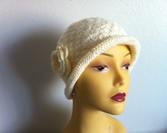 Cloche Women Hat With Flower In Off White, Crocheted Cloche Hat in Off White, USA Seller