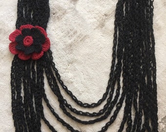 Chain Scarf Necklace with Removable Brooch Rose, Black Scarf Necklace