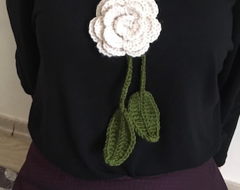 Crocheted Chain Scarf With Rose and Leaves, Usa Seller