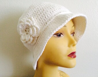 Cotton White Cloche Hat With Flower, Usa seller