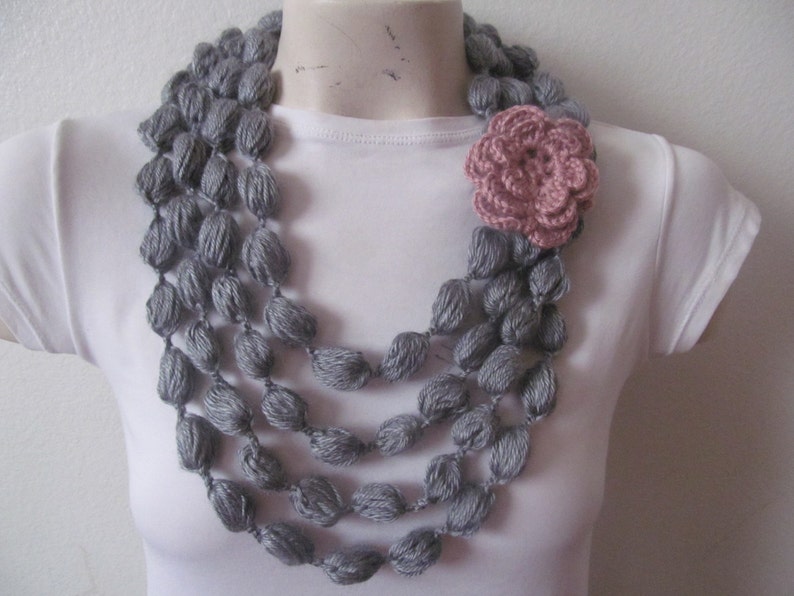 Gray Bubble Scarf With Rose Flower, Gray Scarf Necklace With Rose Flower image 1