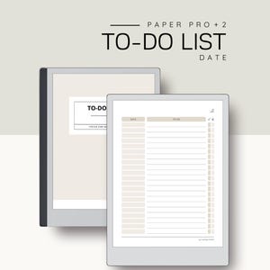 Op de afbeelding: Twee digitale tablets met een to-do-lijstsjabloon. De tekst "PAPER PRO + 2 TO-DO LIST DATE" staat bovenaan. Eén tablet toont een omslag met "TO-DO" en "FOCUS AND DO". De andere toont een gedetailleerde lijst met secties voor datum en taken.