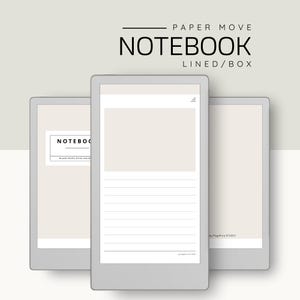 May include: Three digital notebooks with a neutral color scheme. The center notebook displays lined pages, while the others show blank pages. The top of the image reads "PAPER MOVE NOTEBOOK LINED/BOX".