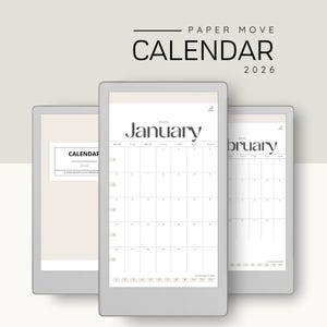 Op de afbeelding: Drie digitale kalenders met de maanden januari en februari 2026, met een derde kalender met het woord "Kalender". De kalenders hebben een minimalistisch ontwerp met een neutraal kleurenpalet en de tekst "Paper Move Calendar 2026".