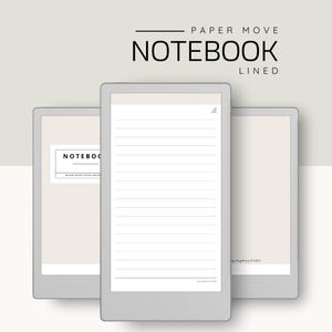 Op de afbeelding: Drie digitale notebooks met gelinieerde pagina's. Het middelste notebook is open en toont wit gelinieerd papier. De bovenkant van de afbeelding leest "PAPER MOVE NOTEBOOK LINED". De notebooks hebben een neutraal kleurenschema.