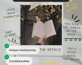 Könnte beinhalten: Werbebild für ein Buchpaket mit dem Text "3 GRÜNDE: WÄHLEN SIE UNSER BUNDLE". Das Bild zeigt ein offenes Buch mit Text, umgeben von Textblasen, die Funktionen wie eine einzigartige Leseerfahrung und kuratierte Extras hervorheben. Gelbe Blumen sind im Hintergrund.