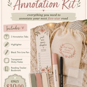 May include: A Plot Twist Annotation Kit featuring a beige drawstring pouch with a logo, a reading tracker bookmark with floral accents, three adhesive annotation tabs in muted tones, a pink highlighter, a black thin line pen, and transparent sticky notes.