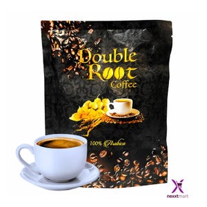 May include: A white coffee cup and saucer filled with dark coffee, in front of a black bag of "Double Root Coffee". The bag has gold lettering and an image of a coffee cup. The text "100% Arabica" is also visible.