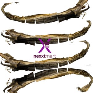 May include: Four dried fish, each with a segmented body and a curved shape. The fish are a mix of brown and tan colors, with a lighter belly. The image includes the text "nexxtmart" in purple.