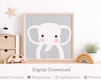Druckbares Tier Kinderzimmer Wandbild – hellgraues skandinavisches Baby Kinderzimmer Dekor – Elefant Muster