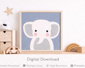 Druckbare Tier-Kinderzimmer-Wandkunst – Staubiges blaues skandinavisches Baby-Kinderzimmer-Dekor – Elefant-Druck