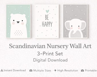 Druckbares Tier Kinderzimmer Wand Set – Skandinavisches Baby Kinderzimmer Dekor – Elefant Bär Zitat Drucke