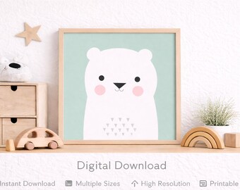 Druckbares Tier Kinderzimmer Wand Kunst – Minzgrüner skandinavischer Bär – Baby & Kinderzimmer Dekor