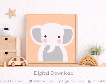 Druckbares Tier Kinderzimmer Wandbild – Pfirsich skandinavisch Baby Kinderzimmer Dekor – Elefant-Druck
