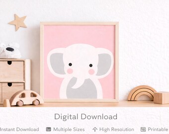 Druckbare Tier-Kinderzimmer - Wandkunst - Rosa - skandinavisches Baby-Kinderzimmer-Dekor - Elefanten-Druck