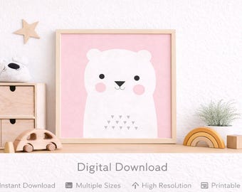 Druckbares Tier Kinderzimmer Wand Kunst – Rosa skandinavischer Bär – Baby & Kinderzimmer Dekor
