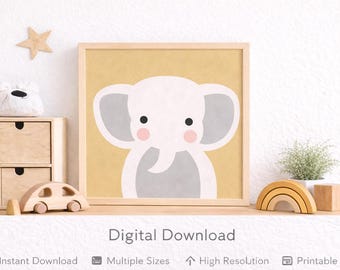 Druckbare Tier-Kinderzimmer - Wandkunst - Gelbes skandinavisches Baby-Kinderzimmer-Dekor - Elefanten-Druck