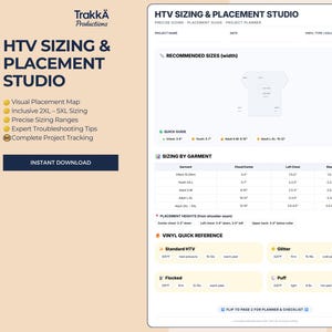 Puede incluir: Una guía digital de HTV Sizing & Placement Studio con un mapa de colocación visual, rangos de tallas y consejos para la resolución de problemas. Incluye una tabla con medidas de tallas de prendas en cm. Incluye una guía de referencia rápida de vinilo.