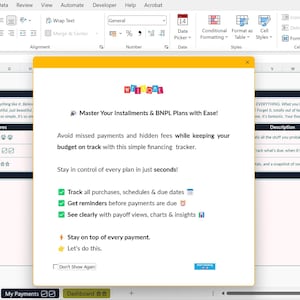 Pode incluir: Uma captura de tela de um aplicativo de rastreamento financeiro com uma janela pop-up amarela. A janela exibe texto sobre o gerenciamento de parcelas e planos BNPL, com recursos importantes, como rastreamento de compras e datas de vencimento.