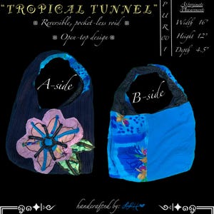 May include: A reversible open-top bag labeled Tropical Tunnel, featuring a dark blue side with a large pink flower appliqué and a bright blue side with a tropical print. Dimensions are 16 inches wide, 12 inches high, and 4.5 inches deep.