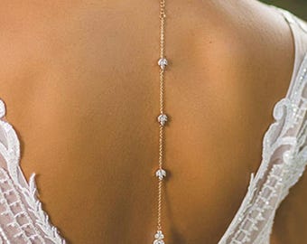 Blommigt zirkonia rygghängande halsband brudkedja för rygglös klänning kristall kroppssmycken silver guld bröllop bal accessoar