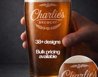Custom Engraved Beer Glass | Etched Pint Glass with Initials, Crests, Monograms, Ideal for Gifts & Bulk Company Orders
